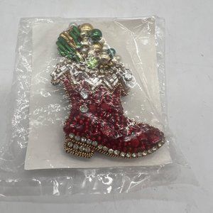 Christmas Brooch Pin Beaded Stocking Diamond Art Multicolor 3 in Gems NEW